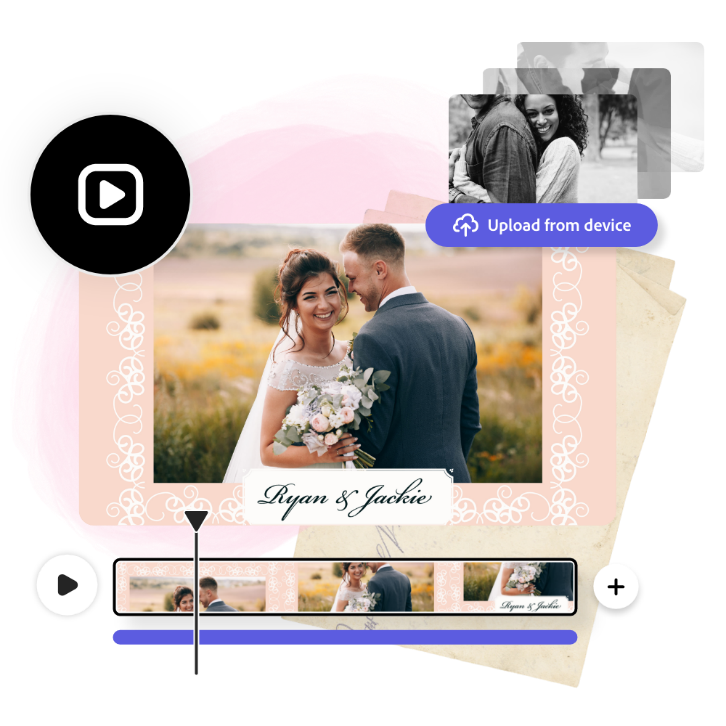 Design with a pink background featuring a wedding invitation video being edited using Adobe Express video tool.