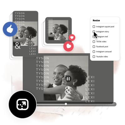 Image displaying different sizes of the black-and-white wedding invitation video for sharing on social media.