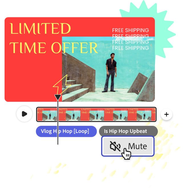 Design of a red background and a blue picture with a person posing, plus a yellow title. It includes the mute audio option from Adobe Express.