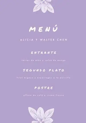 light purple wedding menu  Menú