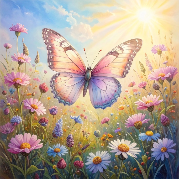 Ilustración generada por IA de una mariposa en tonos pastel revoloteando sobre un prado de flores silvestres, rodeada de margaritas y una luz solar suave bajo un cielo azul.