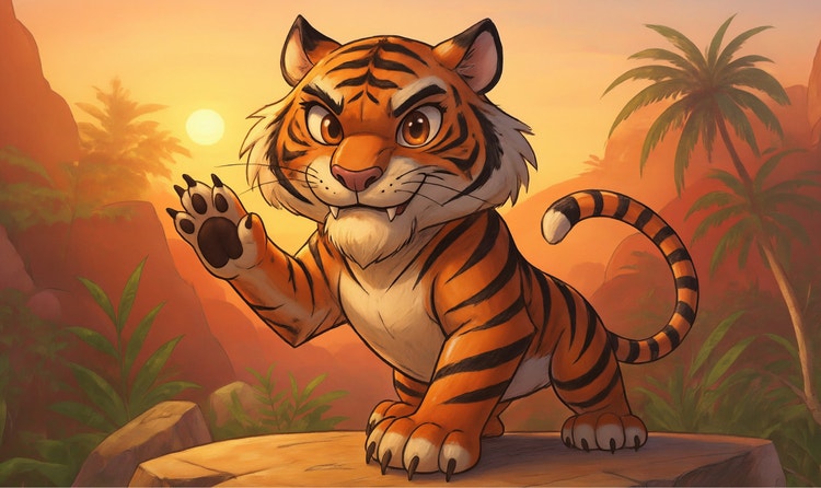 Tigre de dibujos animados con rasgos expresivos levantando una pata sobre una roca en una selva tropical al atardecer, con palmeras y una cálida iluminación anaranjada de fondo.
