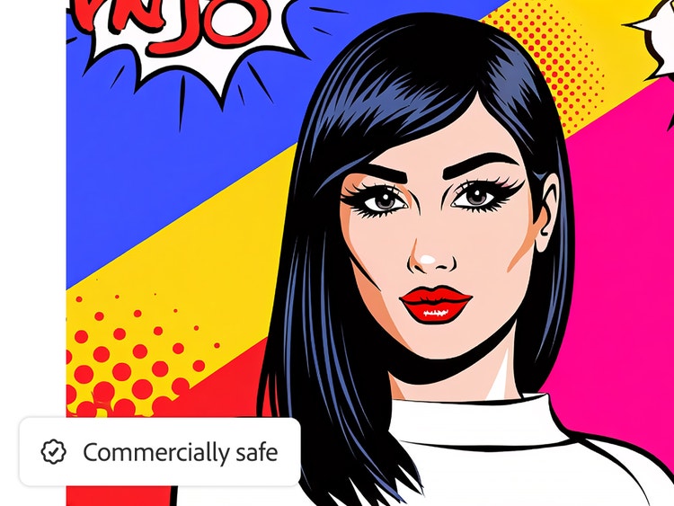 Imagen de estilo cómic de una mujer con melena negra hasta los hombros con una superposición que dice “Uso comercial seguro”.