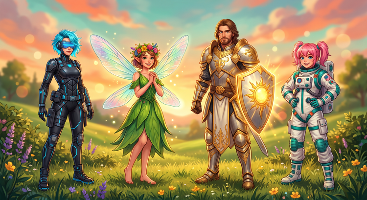Una selección de cuatro personajes de diferentes estilos artísticos generados por IA en un entorno brillante y colorido