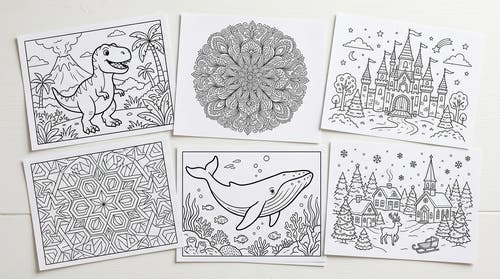 Seis páginas para colorear generadas por IA sobre una suave superficie de color lavanda, entre las que se incluyen un elefante de dibujos animados, un mandala botánico, un castillo de cuento de hadas, un motivo geométrico, una escena submarina y un pueblo festivo