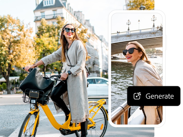 Una mujer monta una bici eléctrica con un gran bolso de diseñador en la cesta delantera. A la izquierda, en un marco con forma de móvil, la misma mujer se apoya en una barandilla junto a un río. En la interfaz se lee “Generar”.