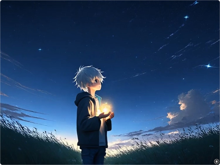 https://main--cc--adobecom.aem.live/cc-shared/assets/video/product/firefly/media_1dd494323d260879d8d28e93f4a1e0fadf0ceae3b.mp4#_autoplay | Imagen de anime generada por IA de un chico de dibujos animados con pelo blanco bajo un cielo estrellado