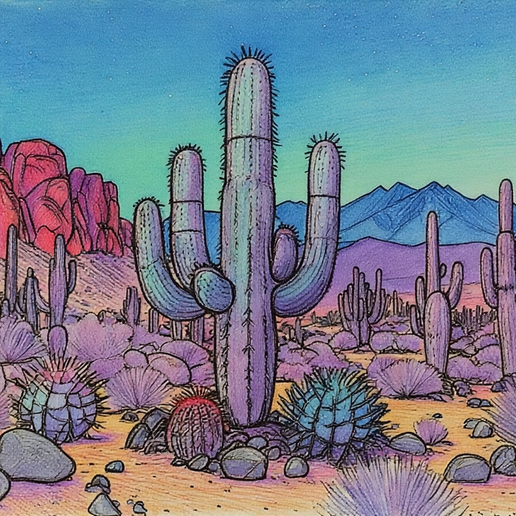 Ilustración a rotulador generada por IA de una escena desértica onírica con cactus de neón brillantes bajo una iluminación degradada y evocadora.