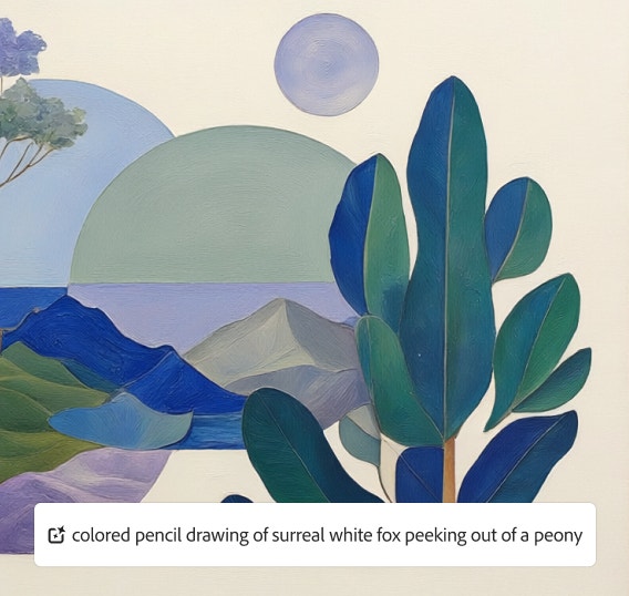 Un paisaje con árboles, montañas y agua, y la indicación “Una obra de arte contemporáneo con elementos superpuestos en tonos azules y verdes” superpuesta