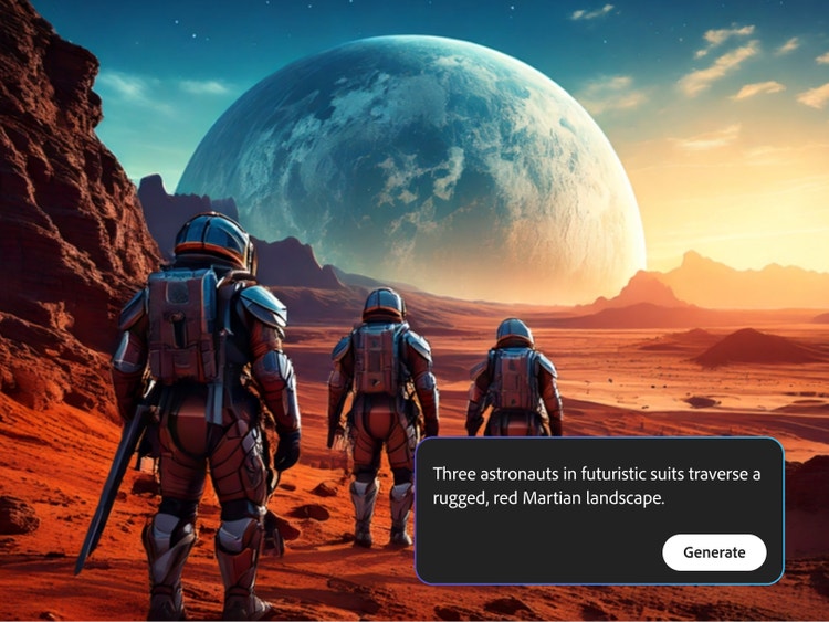 Una escena generada por IA de tres hombres con trajes futuristas caminando por un paisaje marciano, creada mediante una indicación de texto a imagen en Firefly.