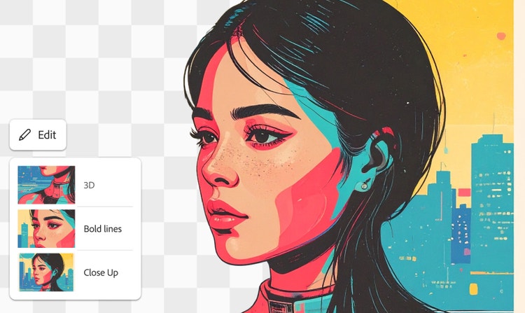 Ilustración de un personaje femenino modificándose con los ajustes de estilo 3D, Líneas en negrita y Primer plano.