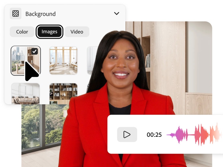 Presentador generado por IA con una interfaz de fondo personalizable donde aparecen opciones de color, imagen y vídeo, junto a un reproductor con una forma de onda de audio.