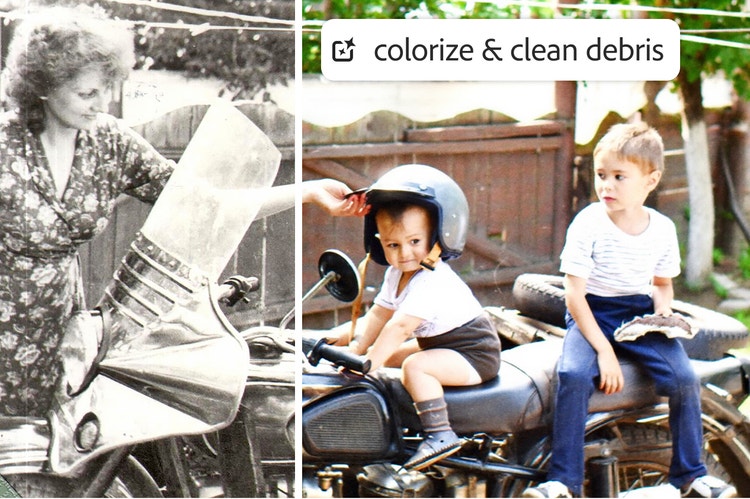 Una sola imagen donde se muestra una sección de una foto en blanco y negro junto a una sección donde la imagen se ha coloreado en su totalidad con tonos realistas y vibrantes.