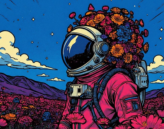 Dibujo animado de una persona con casco de astronauta cubierto por una corona de flores coloridas sobre un fondo azul brillante