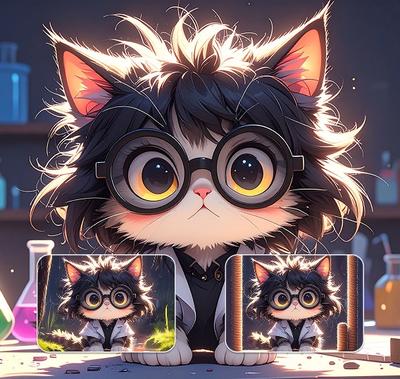 Un personaje de un gato con gafas y bata blanca cuya apariencia permanece inalterada en tres entornos diferentes.