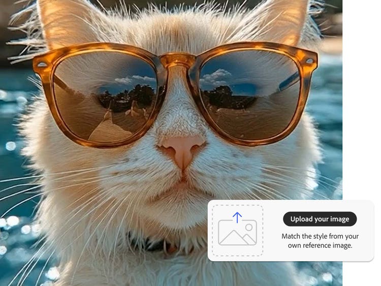Imagen de un gato naranja con gafas de sol en una piscina utilizada como referencia para la generación de vídeos con IA