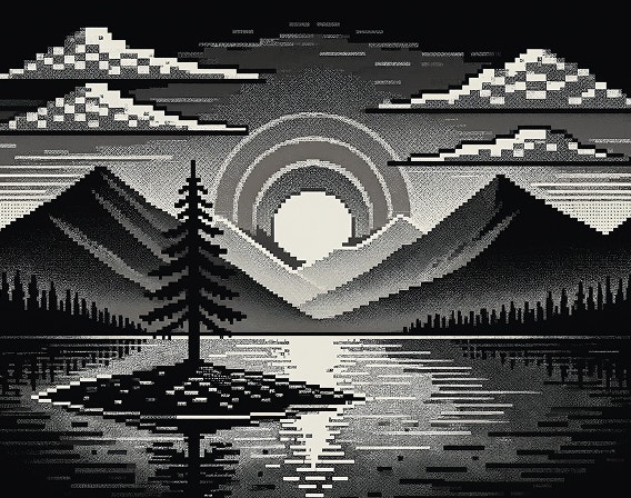 Escena de arte con píxeles en estilo monocromo de un lago con un único árbol en el centro de una pequeña isla en primer plano. El sol se pone tras las montañas en un cielo cubierto de nubes.