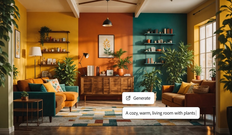 Una habitación con muebles y paredes multicolores con la barra de indicación de Firefly y la indicación “Una sala de estar luminosa y cálida con plantas” superpuestas.