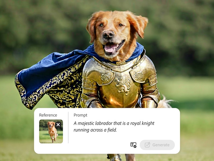 Un retrato de mascota generado por IA de un perro con armadura y una indicación de texto a imagen.