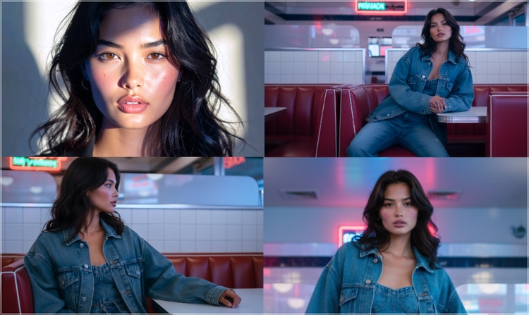 Misma imagen de una mujer generada por IA en diferentes contextos, con la misma apariencia visual del personaje