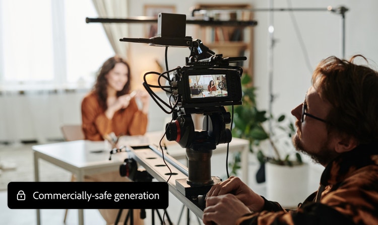 Una persona operadora de cámara graba a una vlogger en un escritorio. La interfaz en la esquina inferior izquierda muestra “Generación segura para uso comercial”.