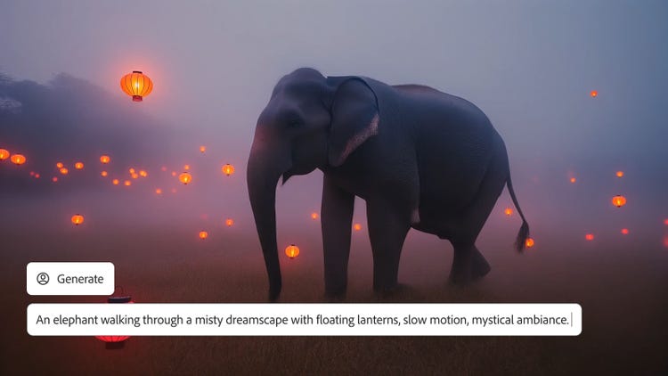 Instantánea de un vídeo onírico generado a partir de una foto de un elefante con una indicación de texto en la interfaz del generador de vídeos con IA