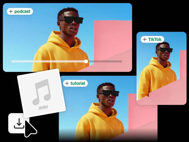 Una persona con una sudadera amarilla sobre un fondo azul y rosa en múltiples formatos de vídeo etiquetados como “pódcast”, “tutorial” y “TikTok”, con la superposición de un icono de archivo WAV y un control de descarga.