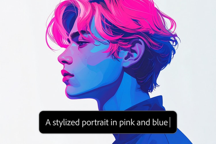 Retrato estilizado en tonos rosas y azules ilustrado de perfil, con una etiqueta de indicación que contiene el texto “Un retrato estilizado en rosa y azul”.