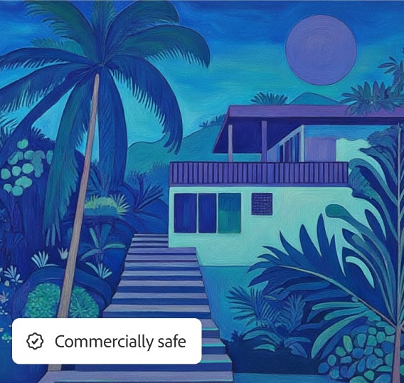 Casa de playa tropical con palmeras en tonos turquesa y superposición de la etiqueta “Uso comercial seguro”