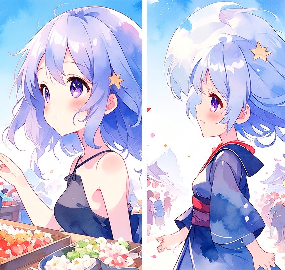 Imagen doble de un personaje femenino de anime creado por IA con el pelo color lavanda en un mercado al aire libre, realizada con suaves tonos pastel y un estilo de acuarela