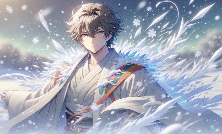 Ilustración generada por IA en estilo anime de un hombre con túnica blanca irradiando cristales de nieve en un paisaje invernal.