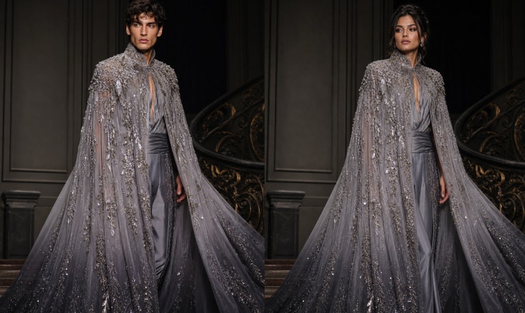 Dos modelos lucen capas adornadas en gris plateado en un entorno editorial oscuro y dramático.