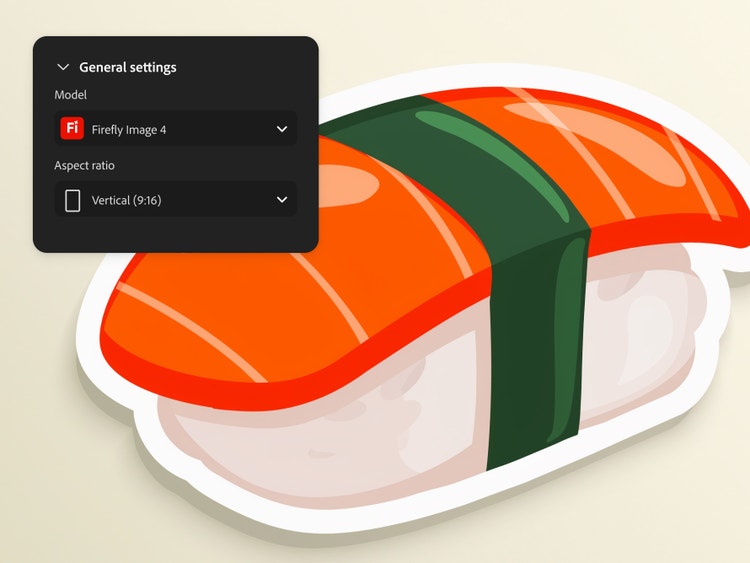 Una ilustración digital de una pieza de sushi con la superposición del menú de configuración general de Firefly, donde aparecen las opciones de relación de aspecto.