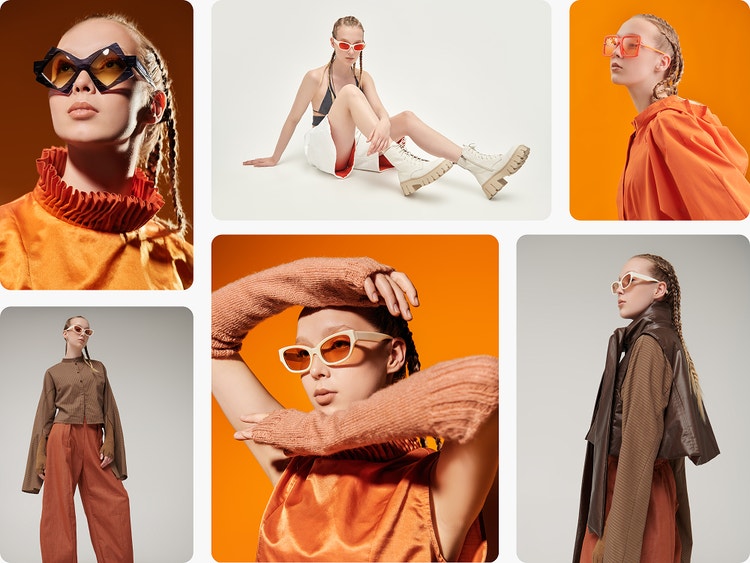 Un tablero conceptual para campañas de moda generado por IA con modelos que visten con una paleta de tonos naranjas y tostados, gafas de sol extragrandes y ropa otoñal.
