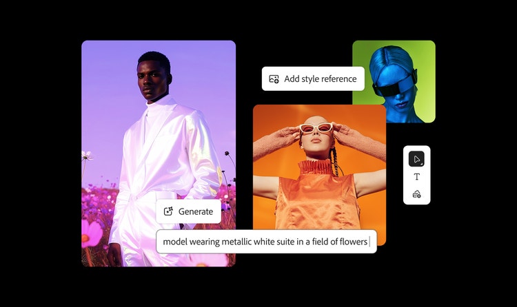 Tres imágenes generadas por IA para un tablero conceptual de moda: un hombre con un traje blanco metalizado, una mujer de naranja con gafas de sol y una imagen de referencia de estilo futurista de una mujer de color azul con gafas y la superposición de la IU de Firefly.