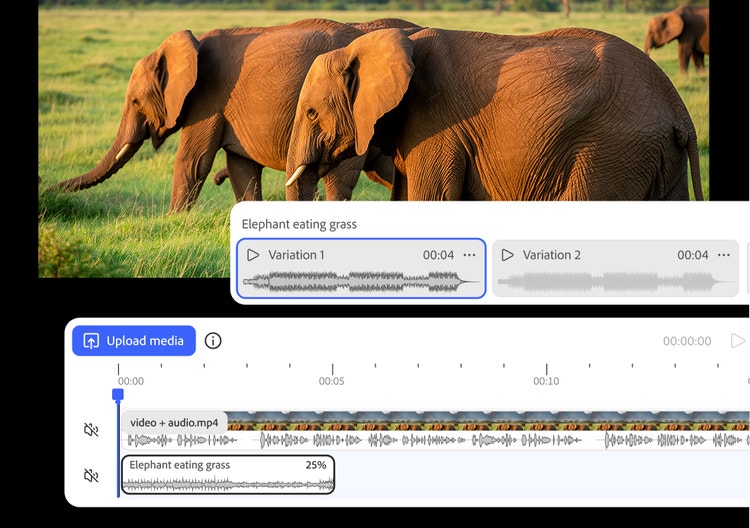 La interfaz de Generar efectos de sonido con una instantánea de un vídeo de elefantes sobre la línea de tiempo de dicho vídeo y la pista de audio “Elefante comiendo hierba” añadida.