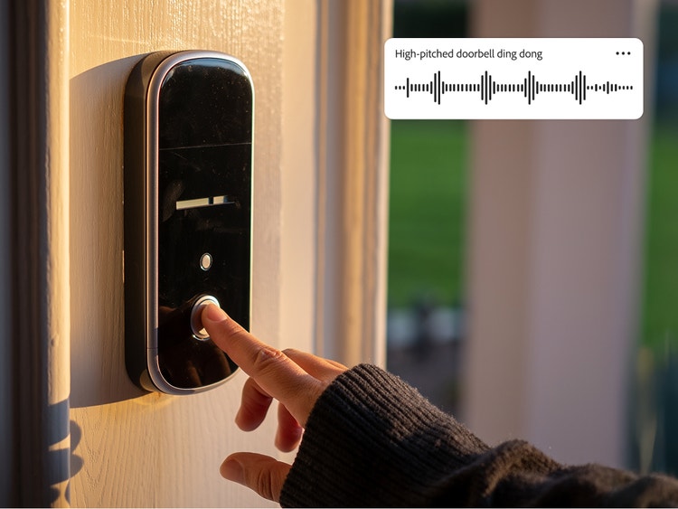 Primer plano de una mano pulsando el botón de un timbre digital con formas de onda de audio y la indicación “Timbre agudo ding dong” superpuestas.