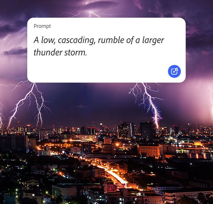 Tormenta eléctrica azotando una gran ciudad y la indicación de texto utilizada en el generador de sonidos con IA de Firefly para crear efectos de sonido de truenos.