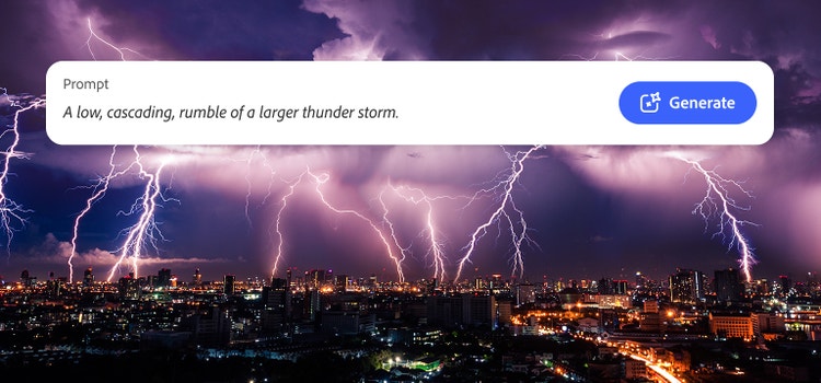 Tormenta eléctrica azotando una gran ciudad y la indicación de texto utilizada en el generador de sonidos con IA de Firefly para crear efectos de sonido de truenos.