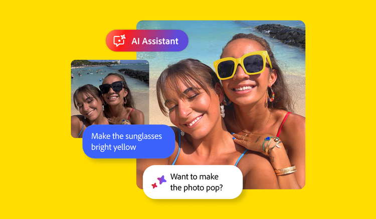 Selfie de dos mujeres sonriendo en la playa con las indicaciones del Asistente de IA “Make the sunglasses bright yellow” (Pon las gafas de sol sean de color amarillo intenso) y “Want to make the photo pop?” (¿Quieres que la foto sea más llamativa?) superpuestas