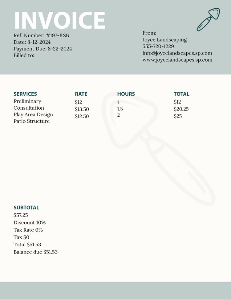 Grey and Pale Landscaping Invoice