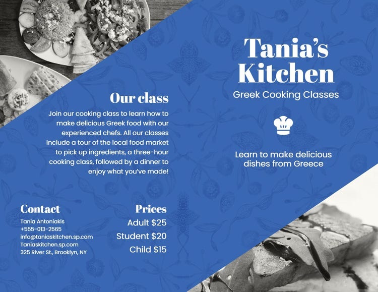 Blue and White Greek Cooking Class Bifold Pamphlet