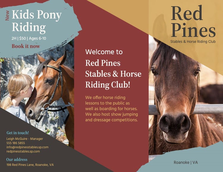 Red, Brown, Blue & Gold Horse Riding Stables Brochure