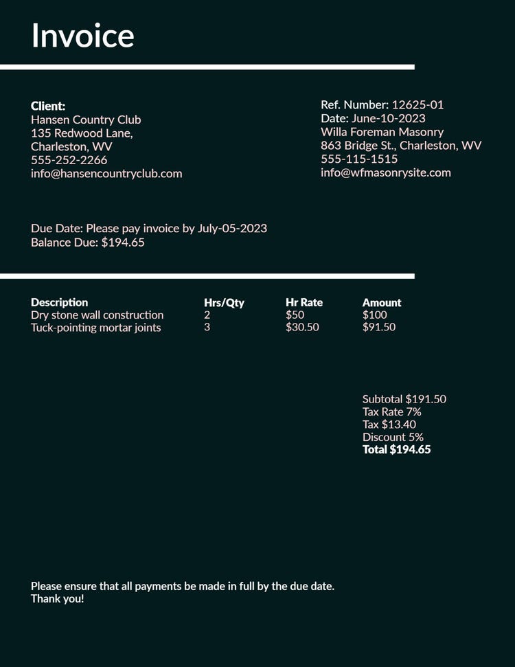 Black and White Country Club Invoice
