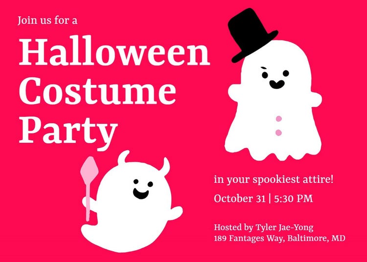 Red & White Illustrative Cute Ghosts Halloween Party Invitation