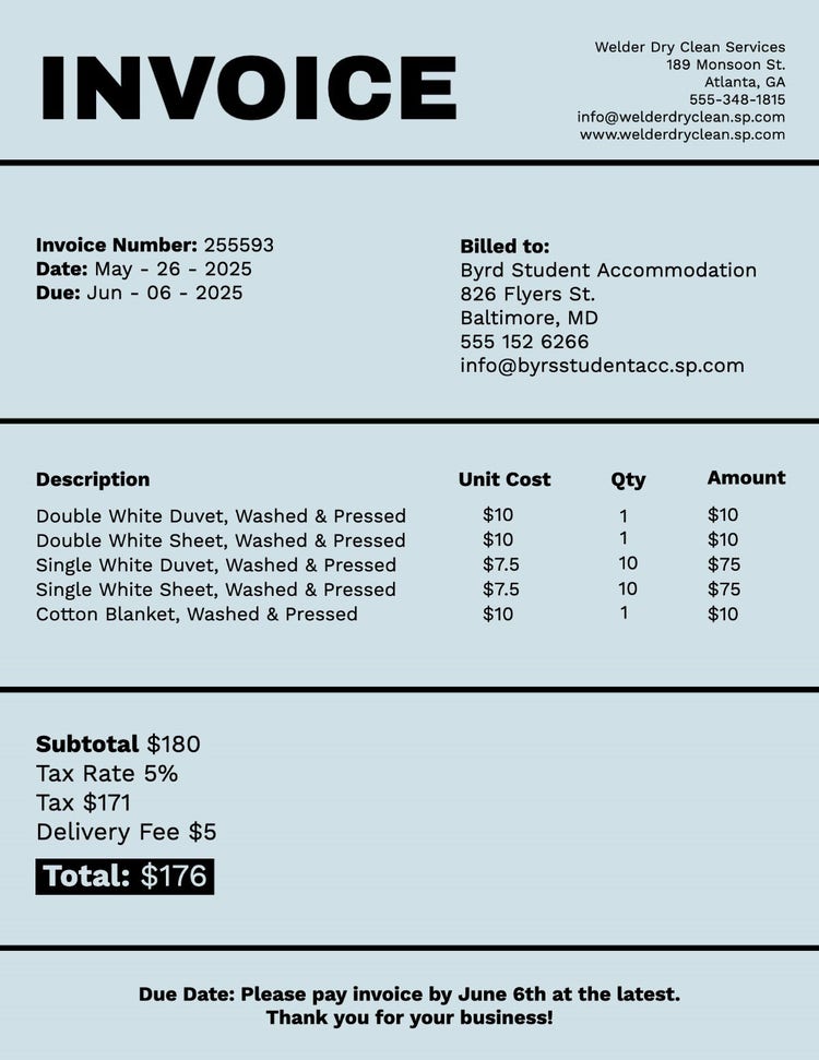 Pale Blue Dry Cleaning Invoice