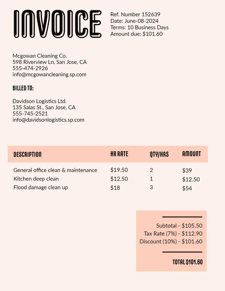 Black, Pink and Cream Cleaning Company Invoice