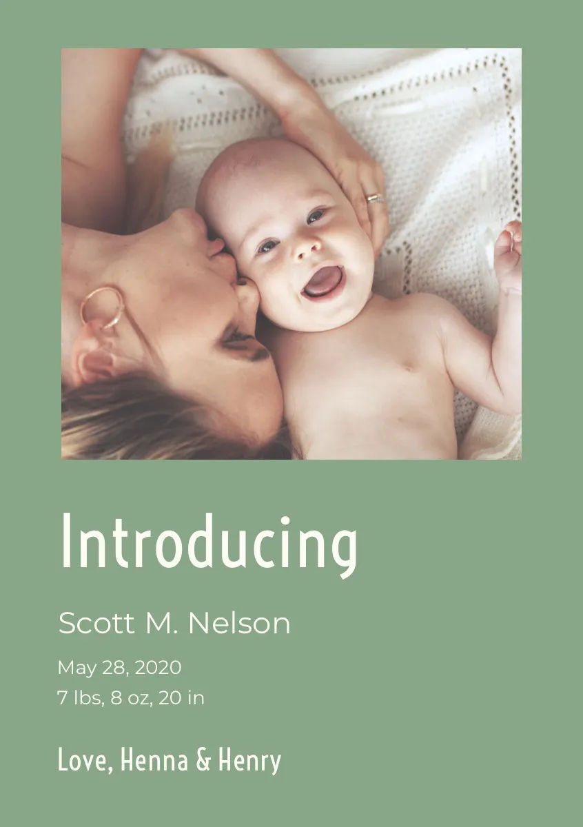 Green Birth Announcement Card with Mother and Baby Boy