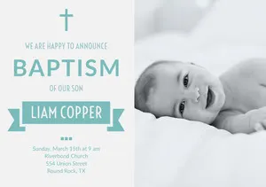 Turquoise Baptism Announcement and Invitation Card with Baby Boy Baptism Announcement