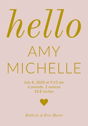 Pink and Gold Baby Girl Birth Announcement Card Birth Announcement